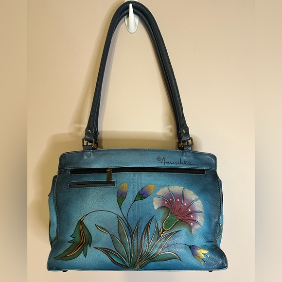 Anuschka Hand Painted Leather Teal Floral Tote Shoulder Handbag Purse - Picture 2 of 16